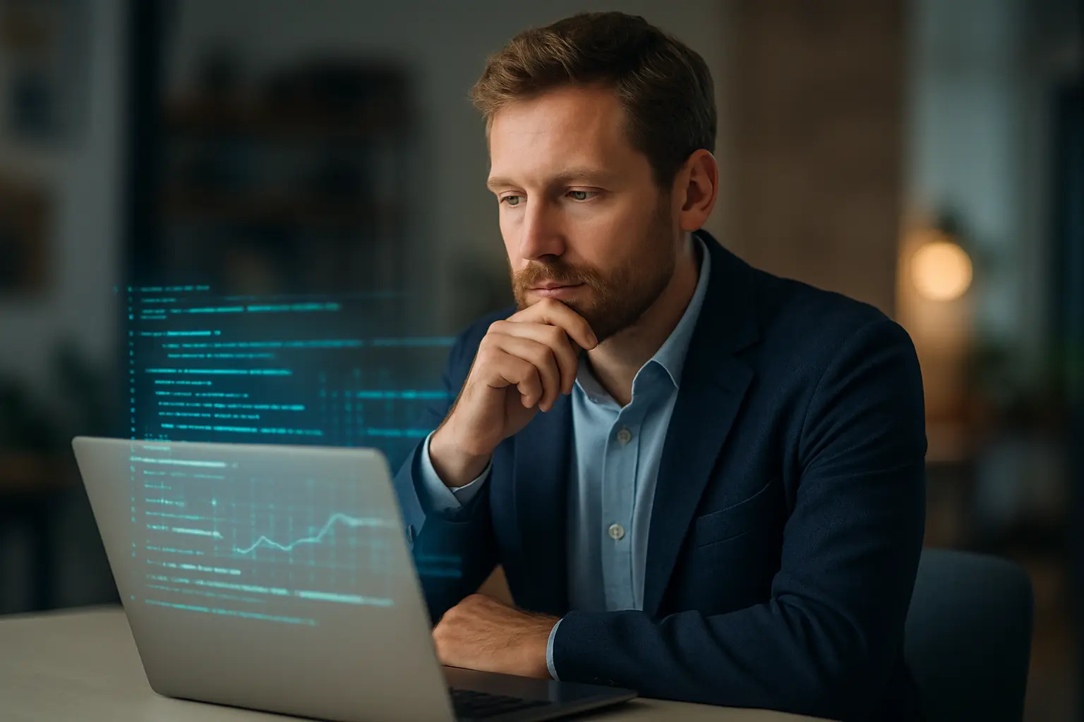 Man at a desk with an AI hologram.