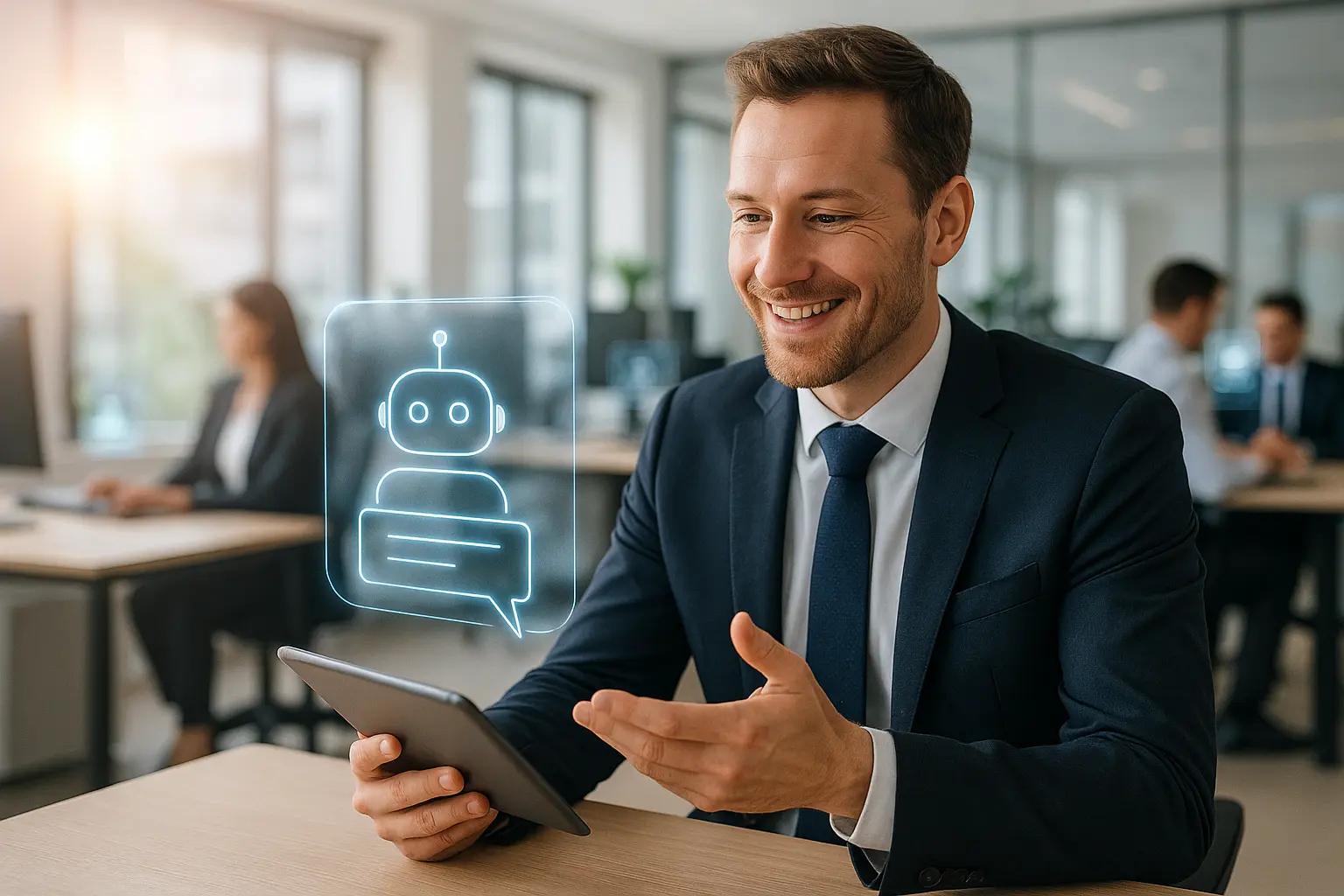 Salesperson with AI, modern office