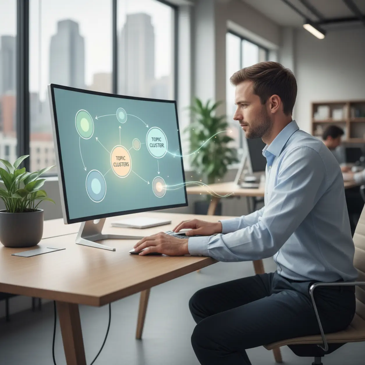 Mężczyzna przy biurku z mapą pojęć.