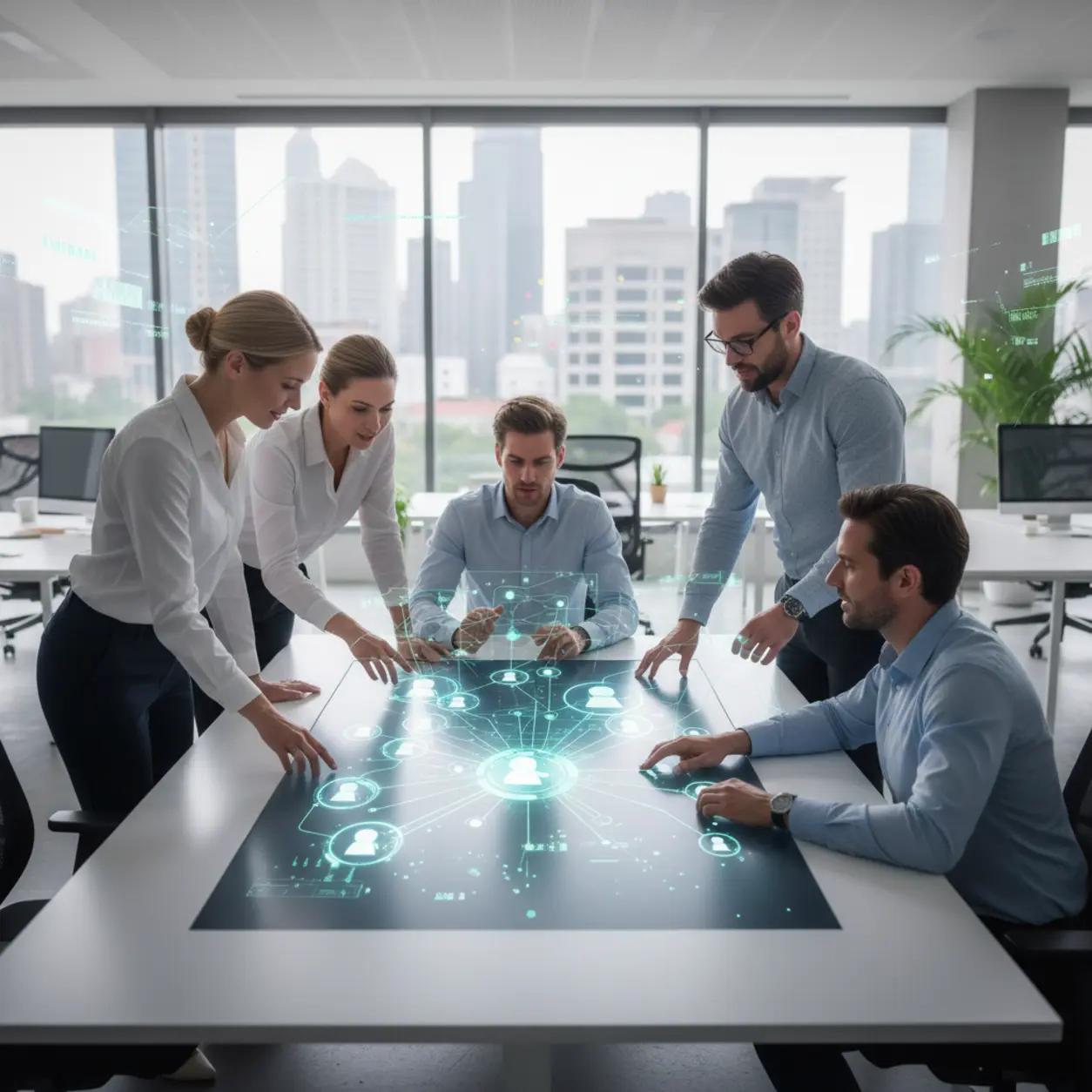 Professionals in an office discussing data on a screen.