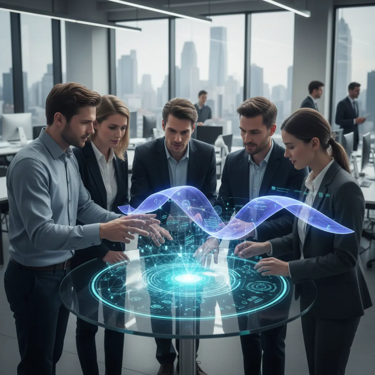 Profesjonalny zespół dyskutuje wokół holograficznych danych.