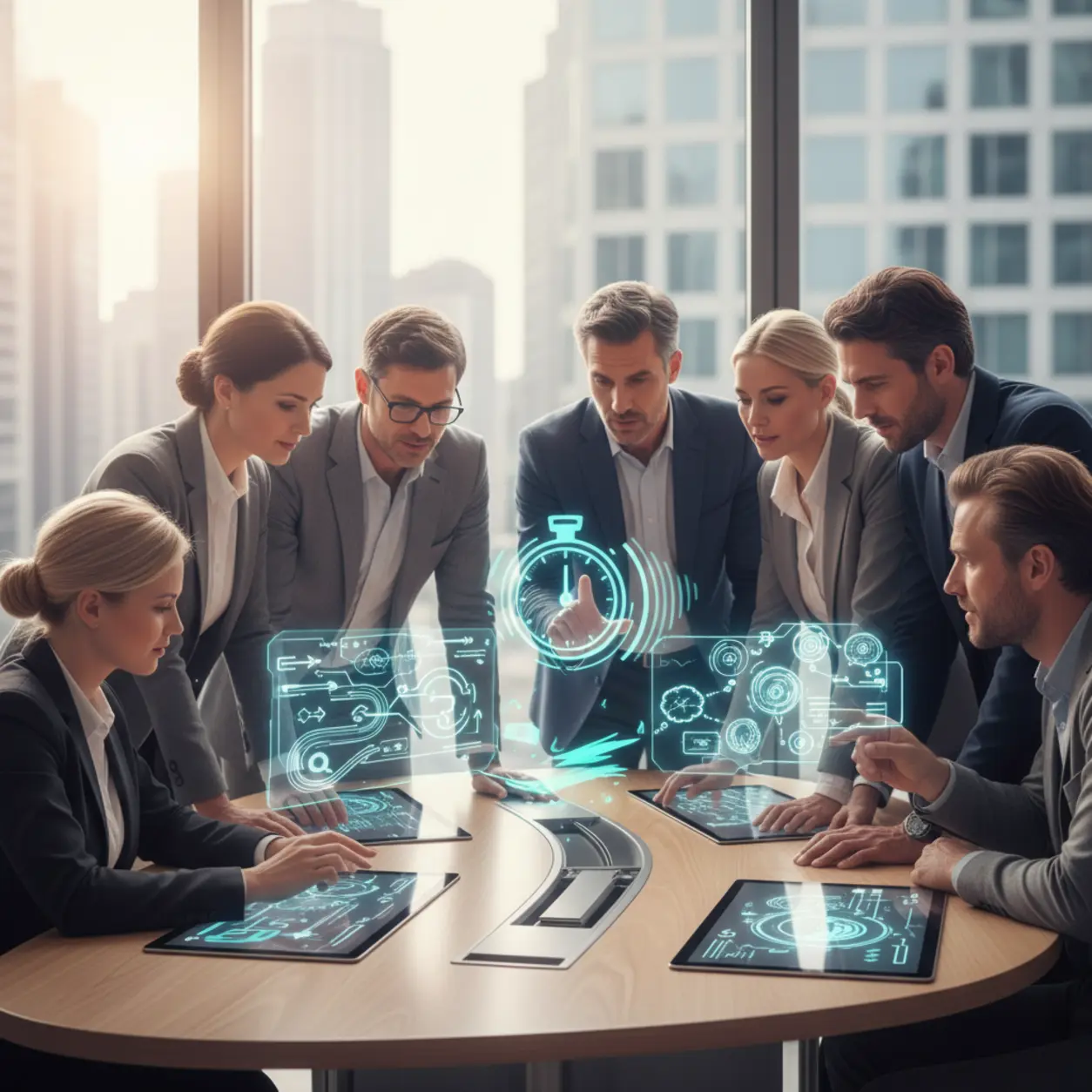 A modern team collaborating around a table, symbolizing innovation and AI integration.