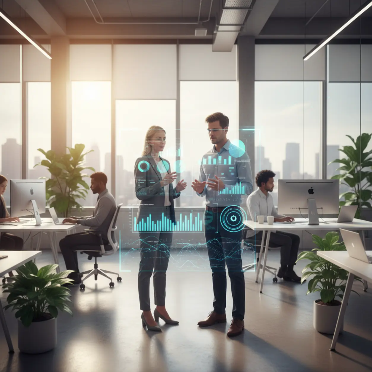 Dwóch profesjonalistów w nowoczesnym biurze, hologram.