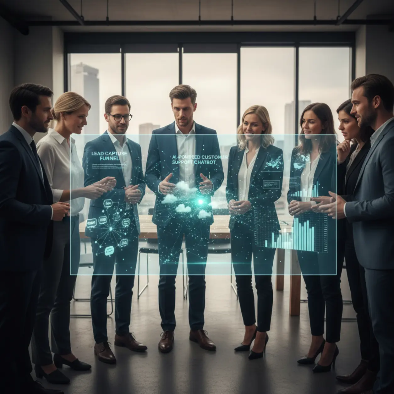 Professionals collaborating on an innovative, holographic display.