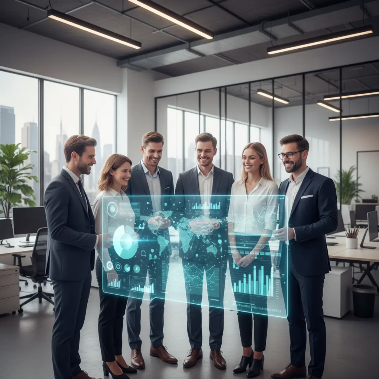 Team interacting with a holographic interface.