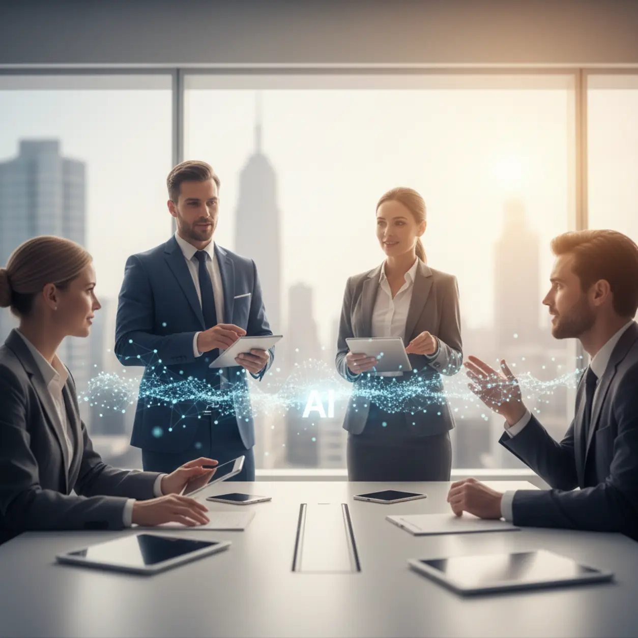Biznesowa dyskusja ludzi z AI w nowoczesnym biurze.