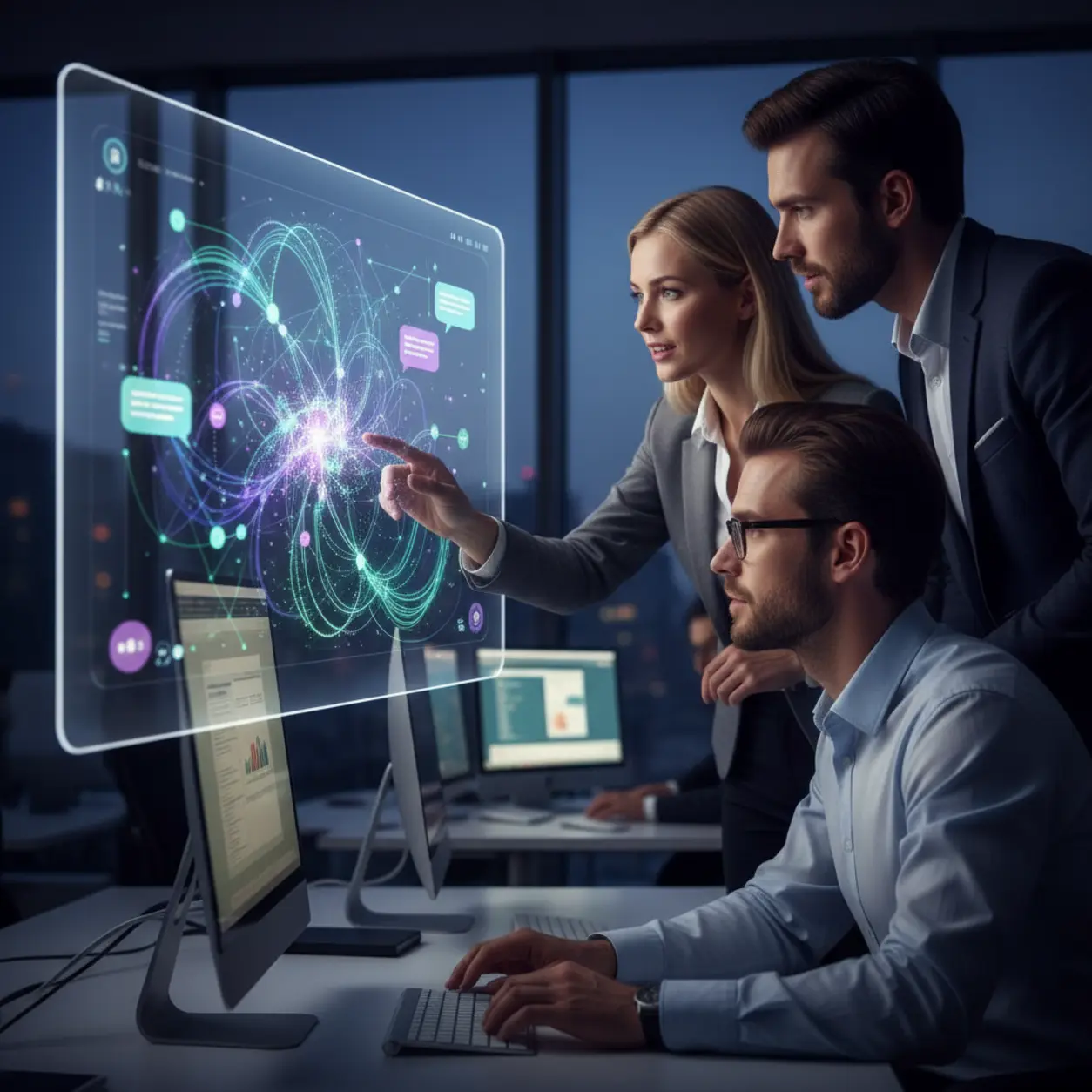 Modern office, AI, night, teamwork.