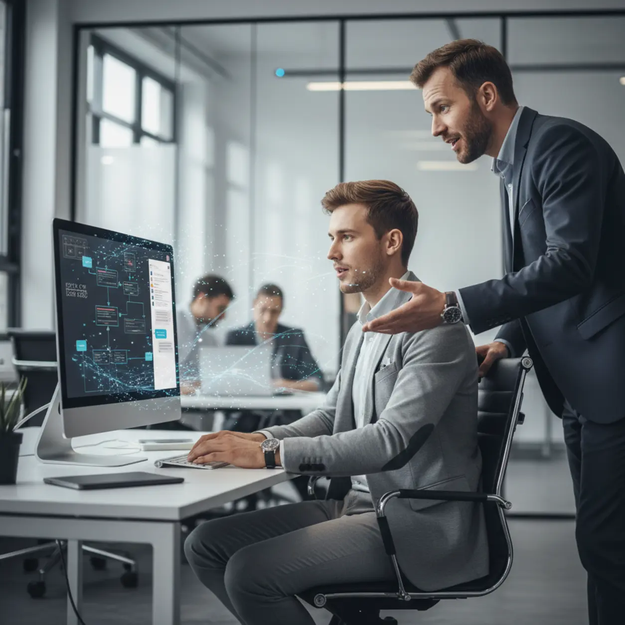 Men in an office, data interface.