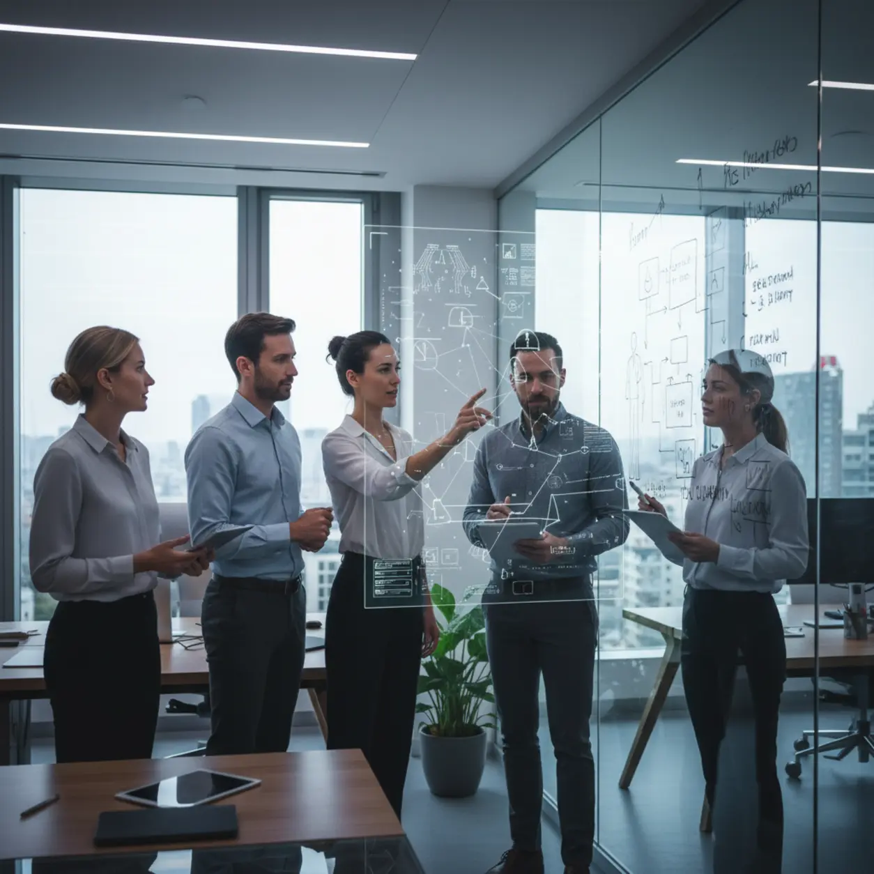Professional team working in a modern office with AI data visualizations in the background.