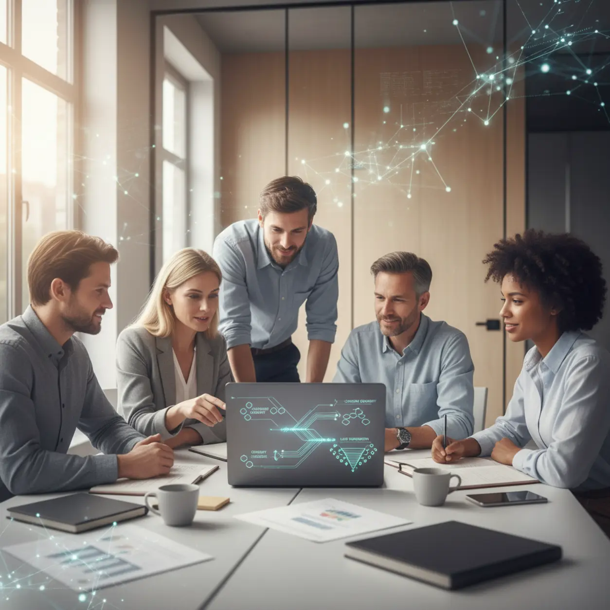 A team working in an office with AI assistance.