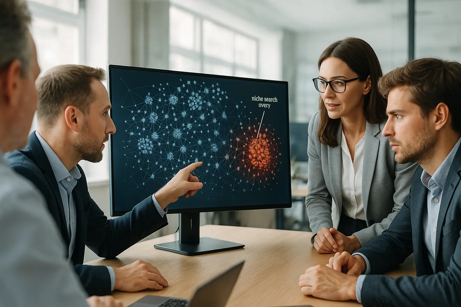 A team analyzing SEO data on a large screen.