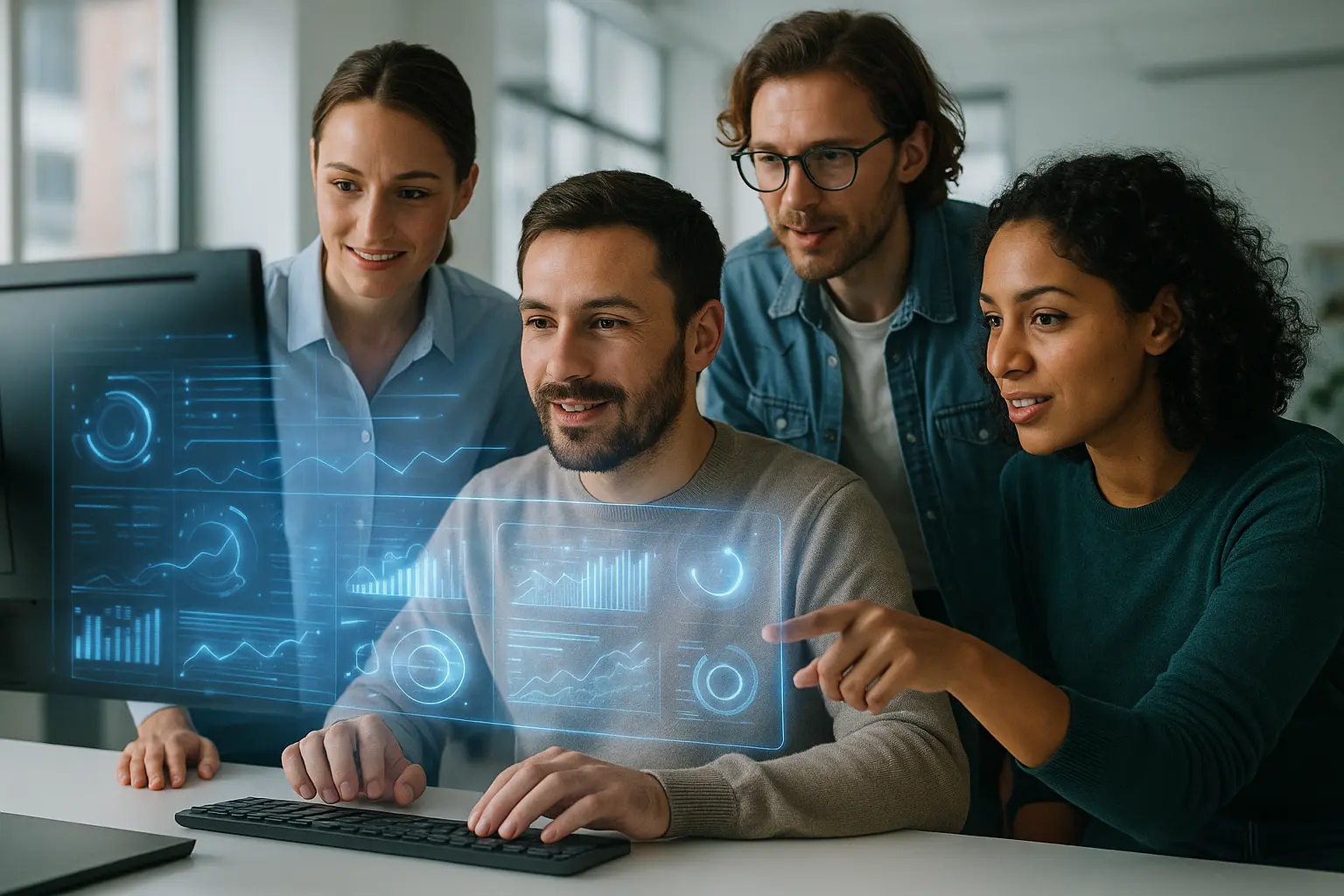 Modern office, a European team, technology.