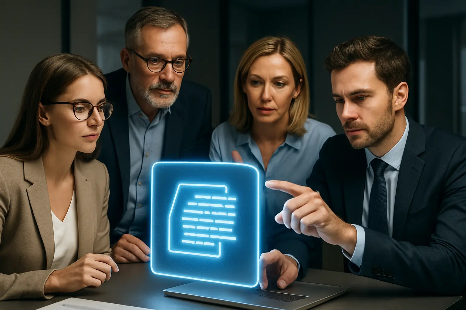 A team of professionals collaborating on AI technology.