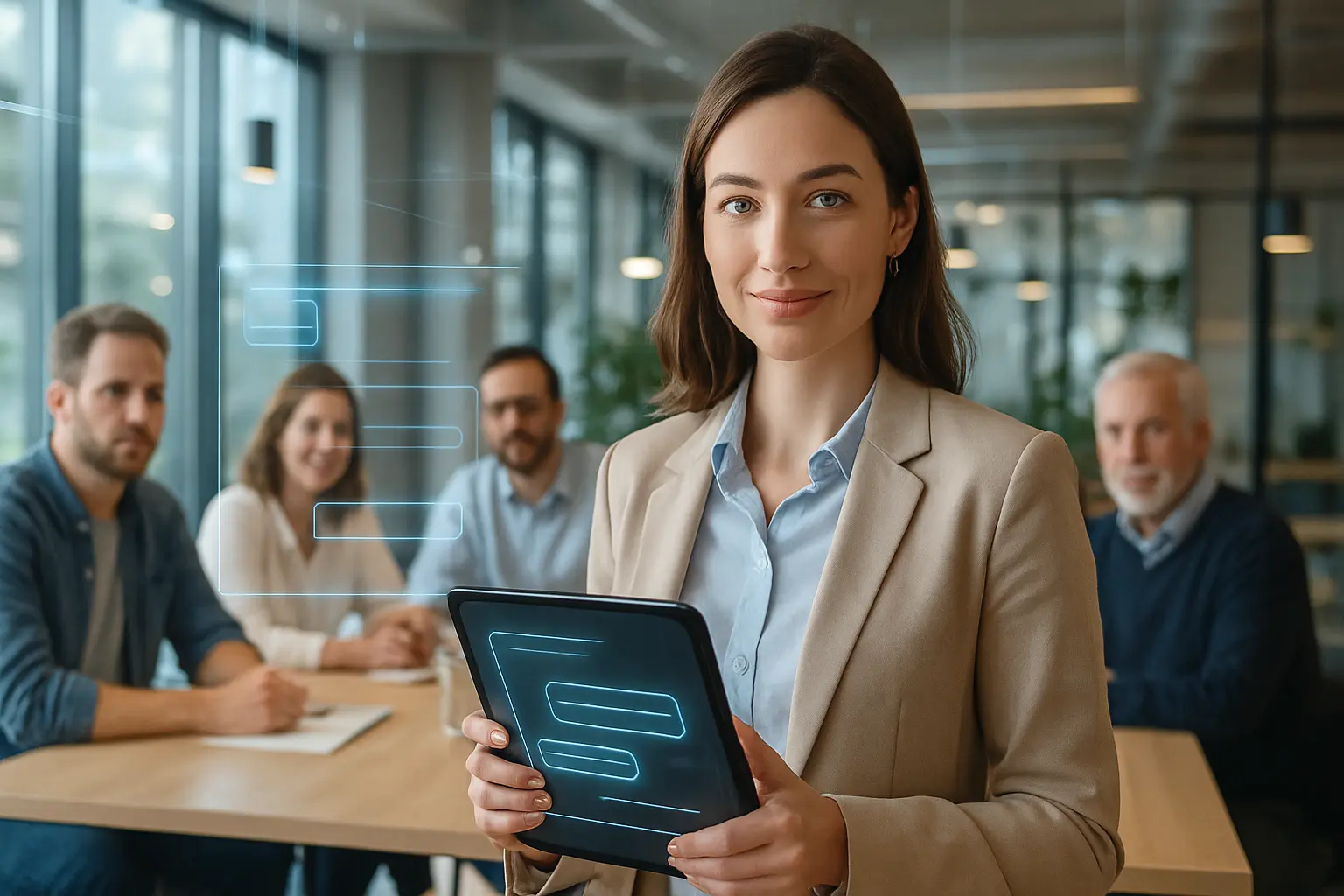 Woman using a tablet in a modern coworking space.