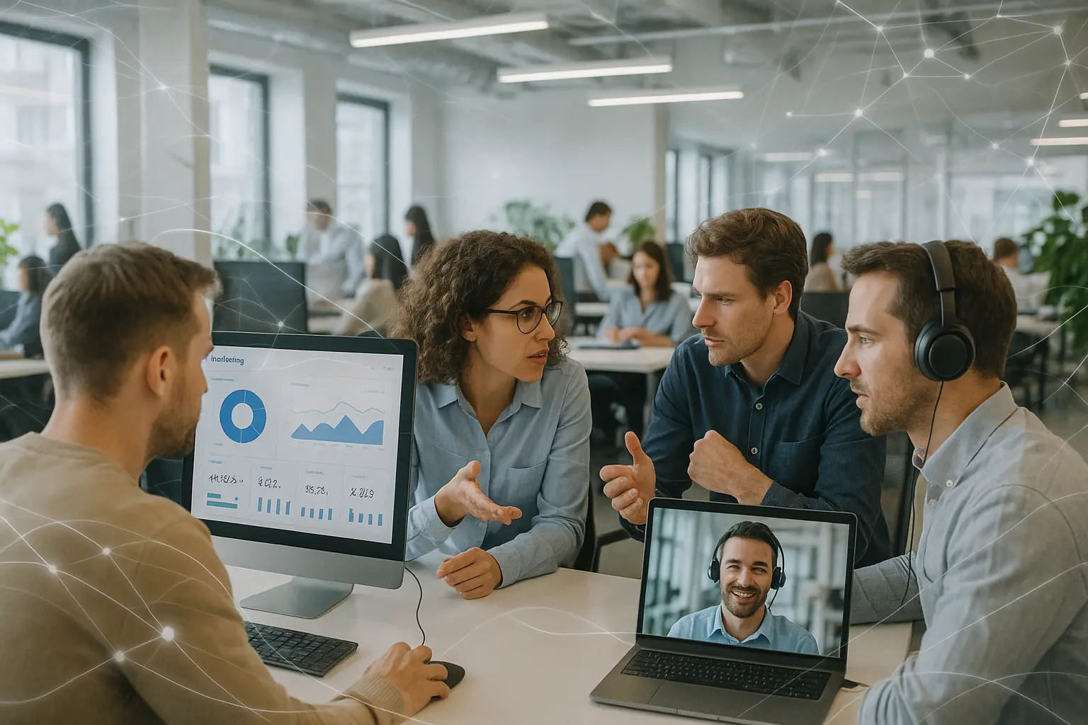 A modern marketing team collaborating in an office with AI and data elements integrated into the scene.