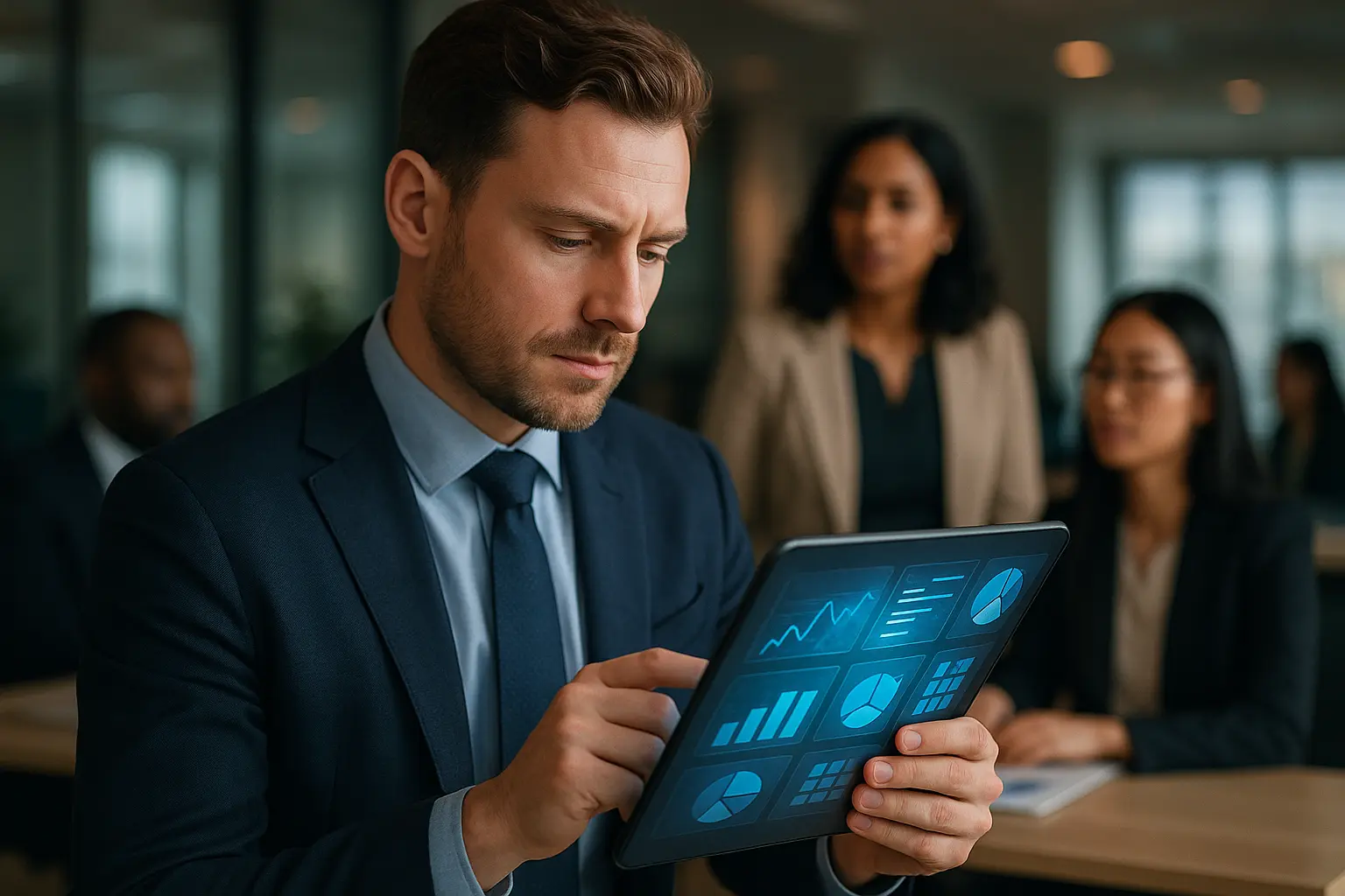 Businesswoman analyzing AI data.