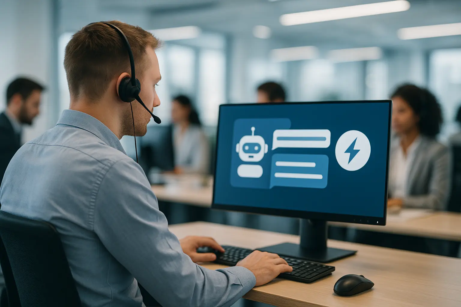 Modern customer service office with a chatbot interface.