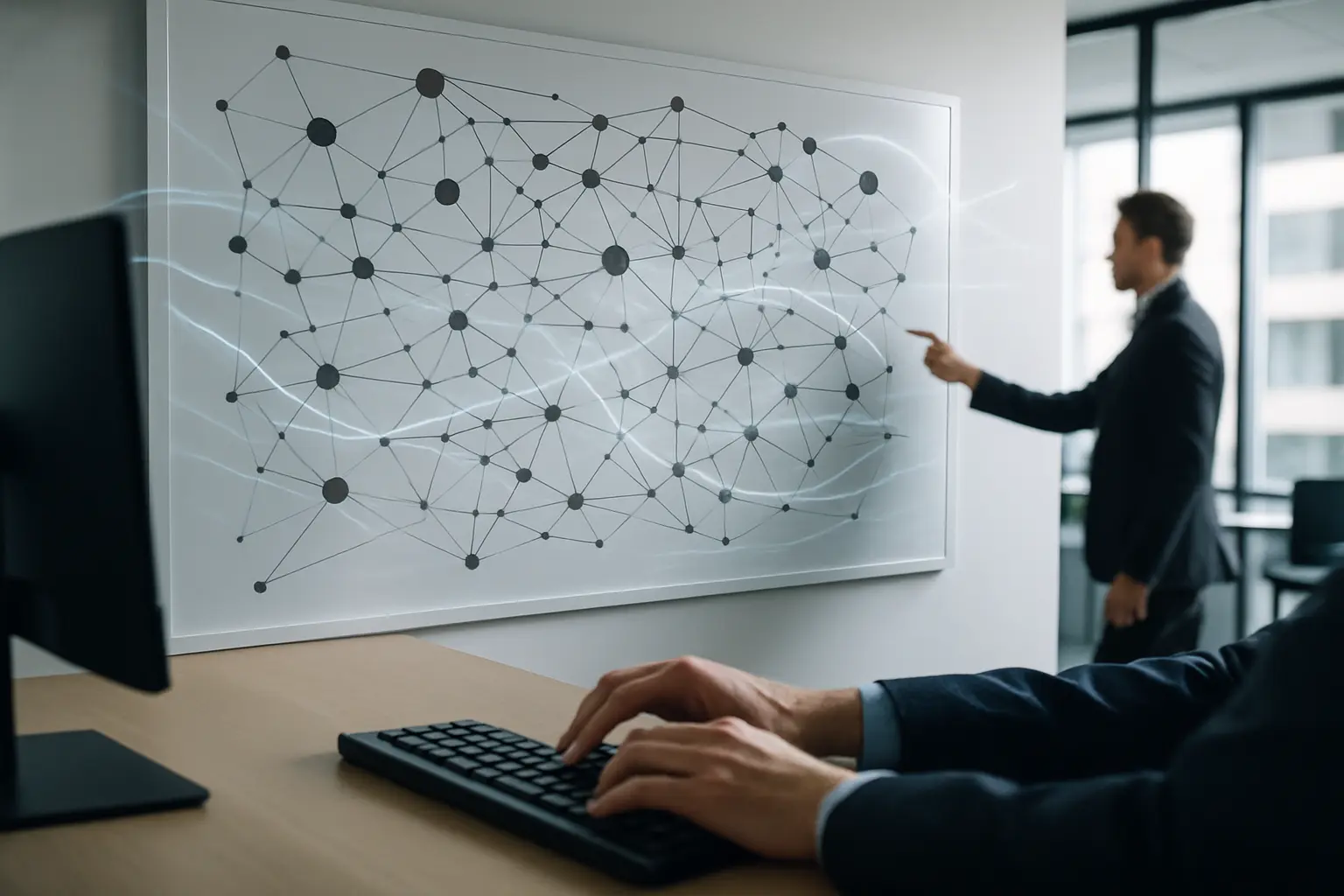 A modern office with a whiteboard, visualizing the transformation of knowledge into a structured plan.