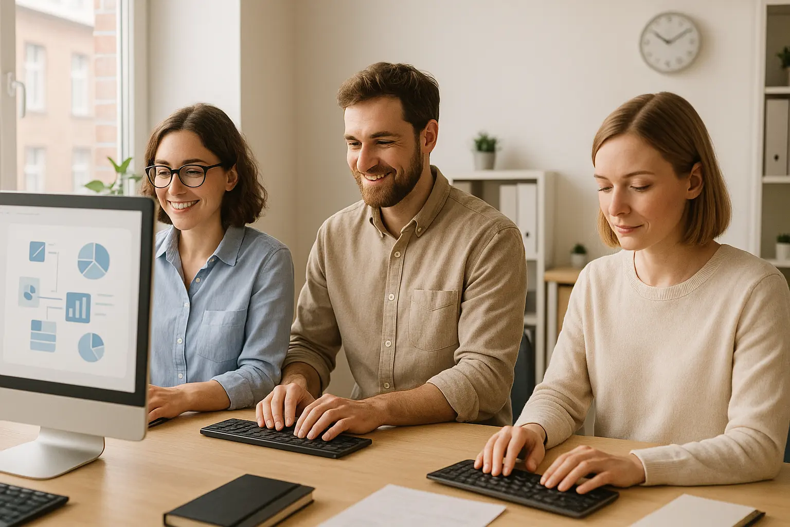 Team collaborating on an AI solution in a modern office.