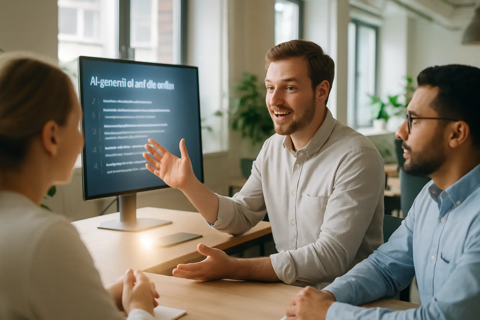 Professionals discuss AI article outline.