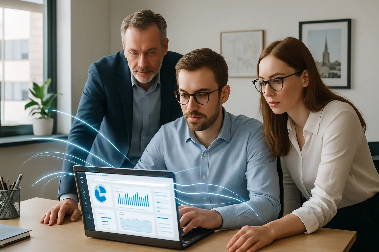 Team working on data analysis in a modern office with AI.