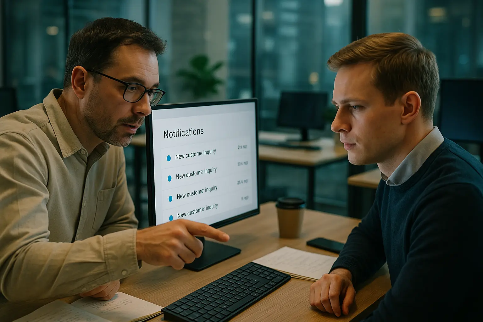A team in an office analyzing customer inquiry data on a screen.