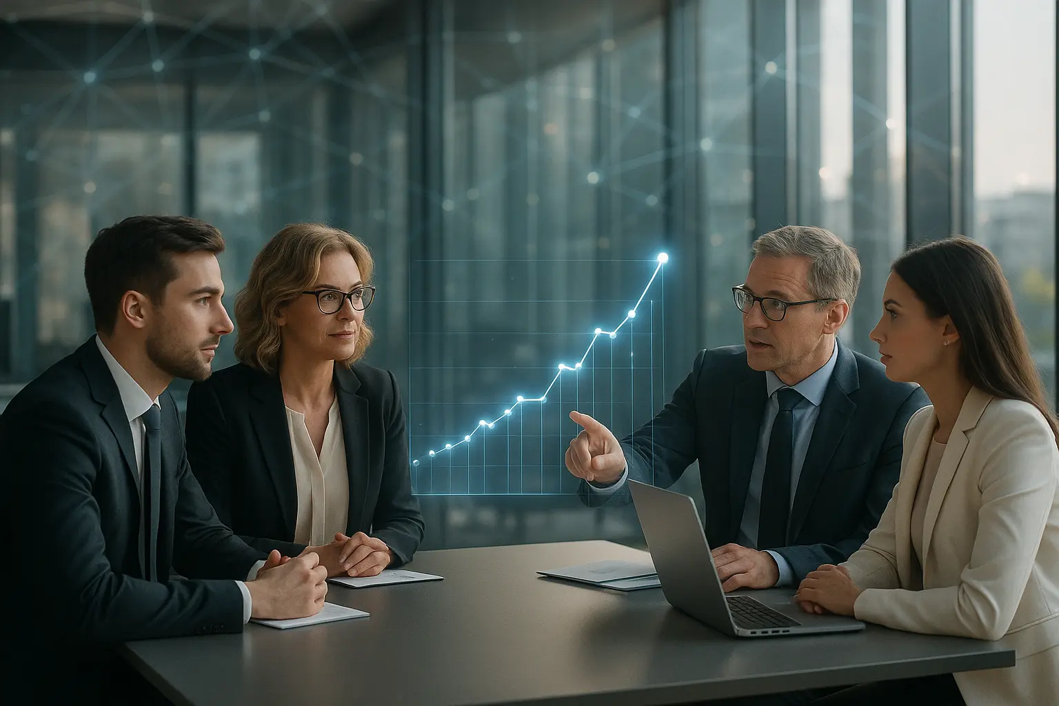 Professionals in a modern office discussing a holographic chart.