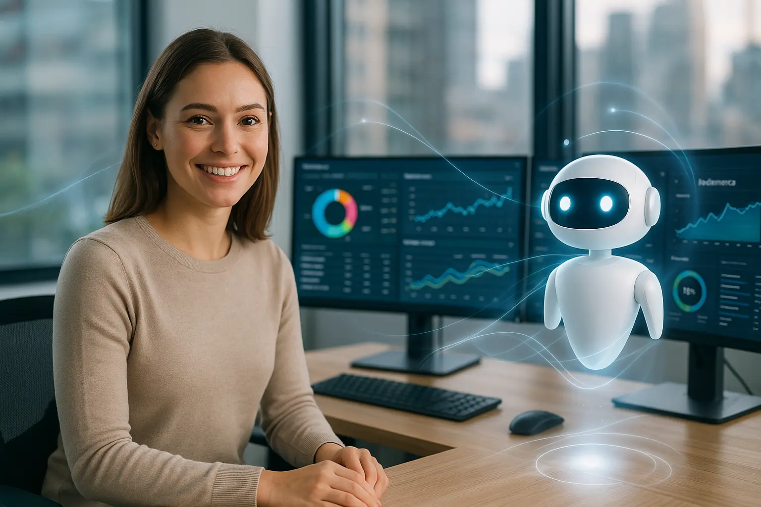 Young woman and a holographic chatbot in a modern marketing office.