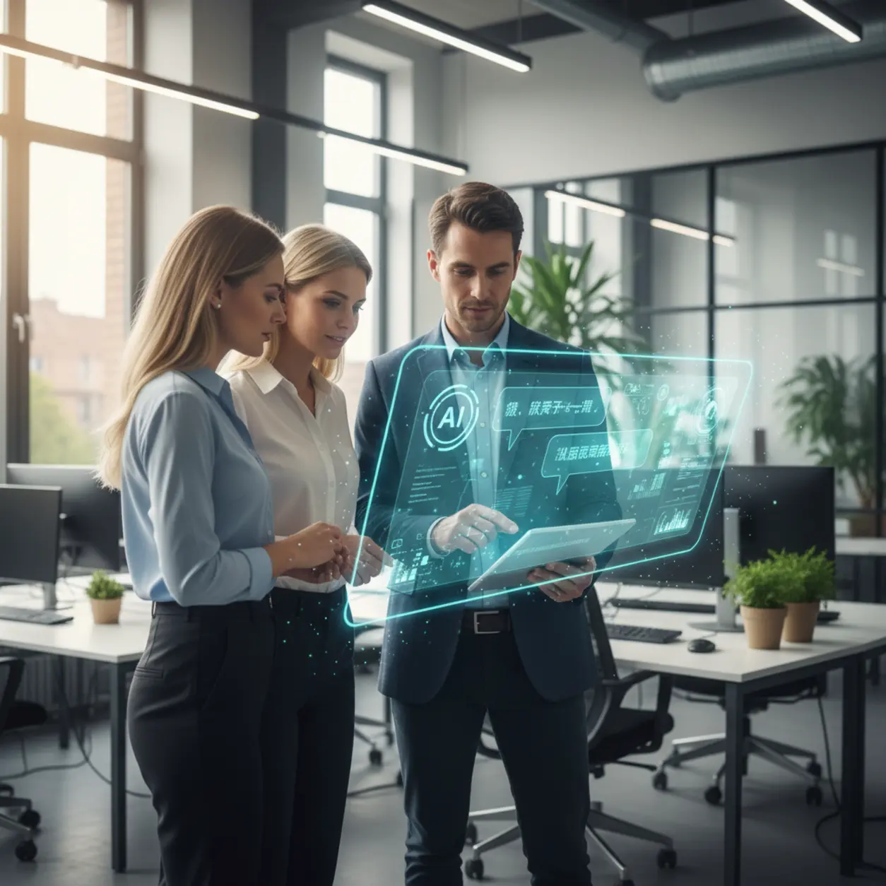 People using a holographic interface with a chatbot.