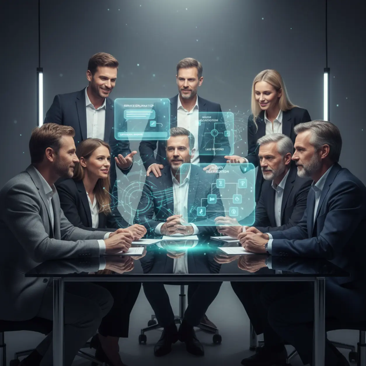 Professionals at a table interacting with holographic data.