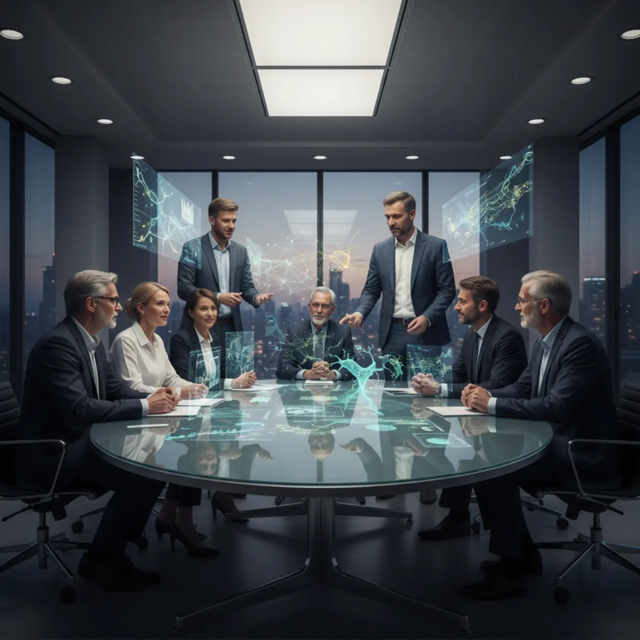 Professionals at a futuristic conference table discussing content strategy.