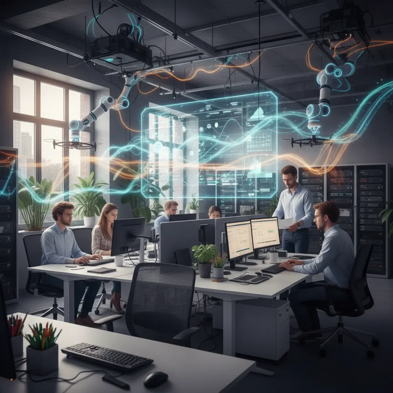 An energetic office environment showing the flow of information and teamwork.