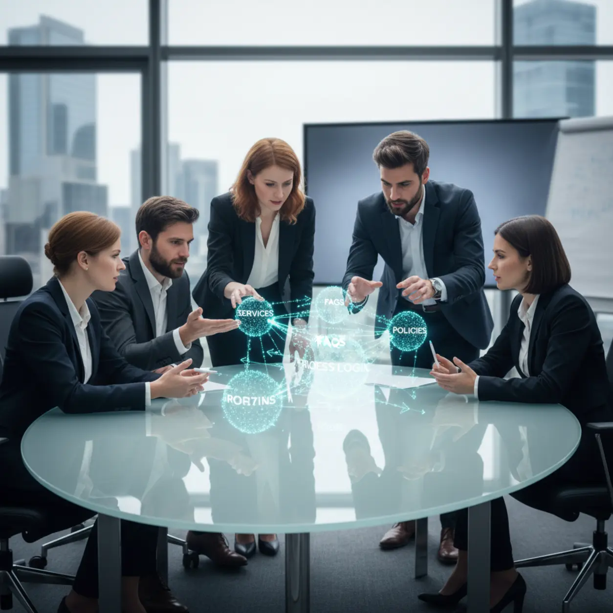 Business people with a hologram of a diagram.