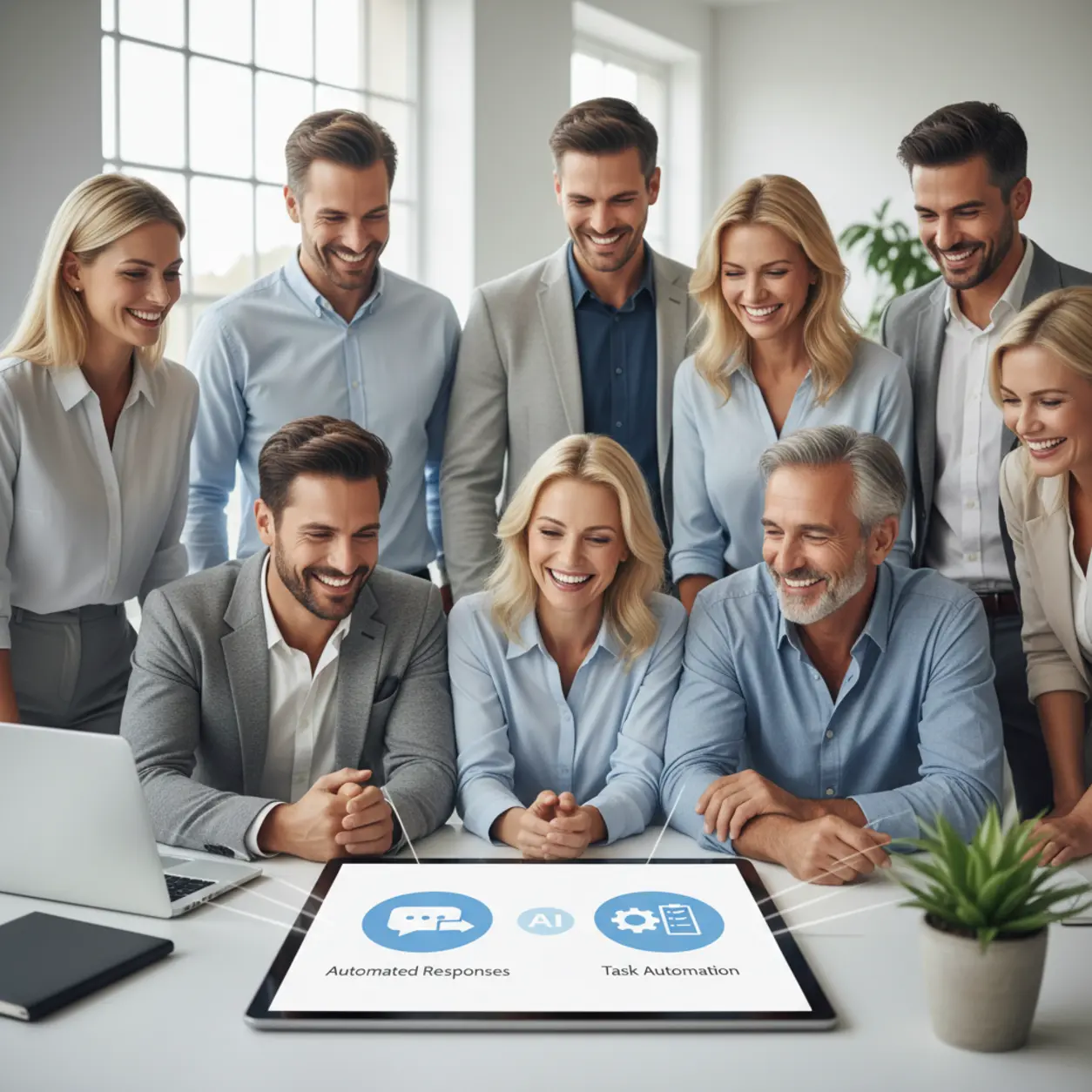 Smiling European entrepreneurs using an intuitive AI interface.