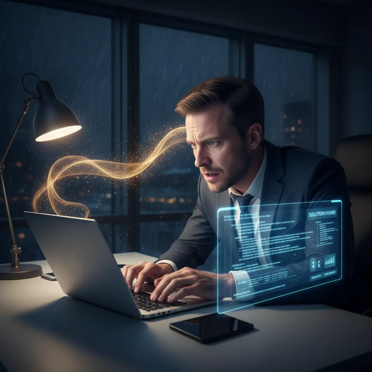 A stressed business professional looking at a digital interface, representing a crucial decision point.