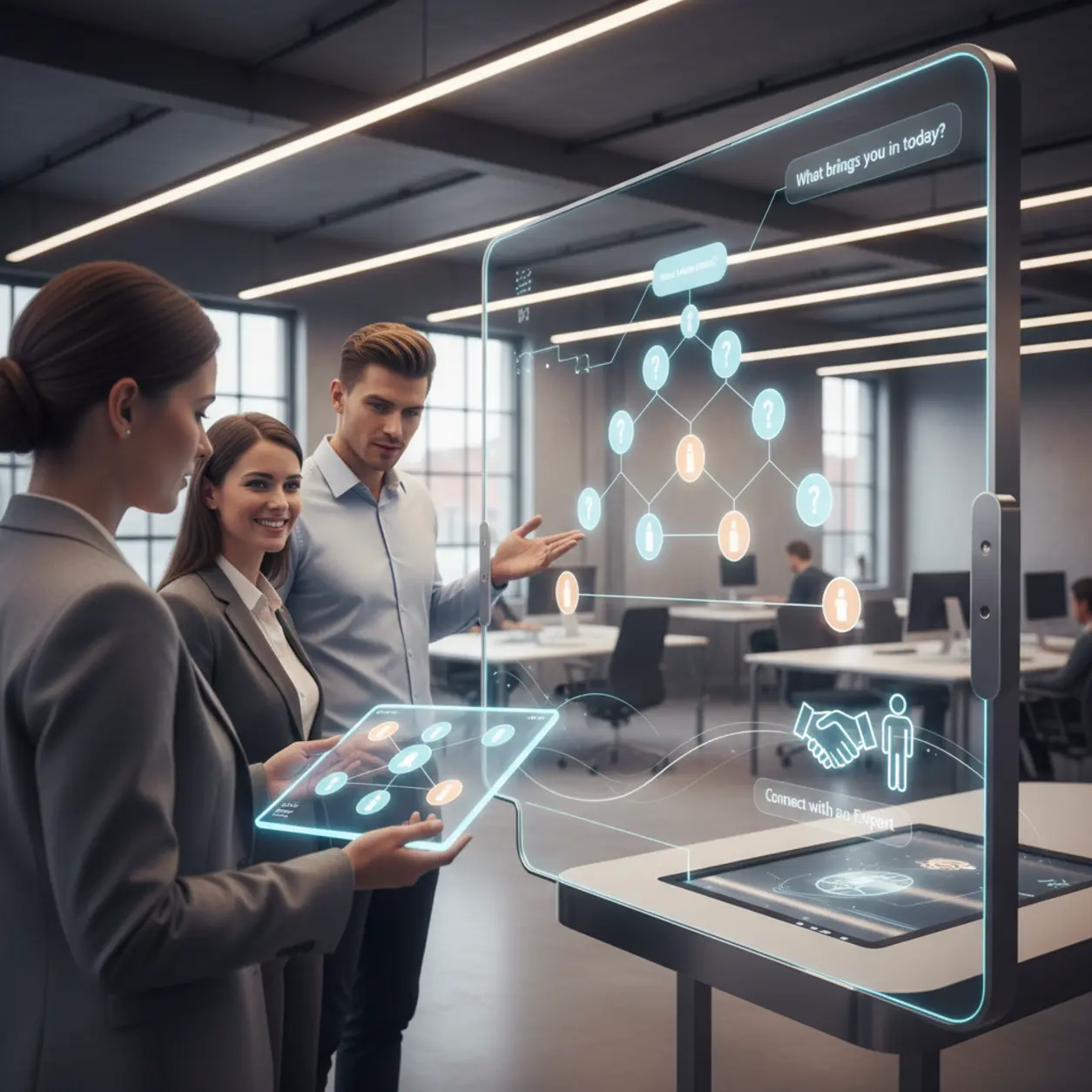 Ludzie w nowoczesnym biurze wchodzą w interakcję z intuicyjną technologią.