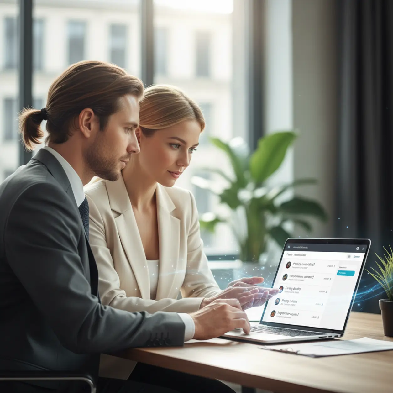 A couple at a desk during an online conversation.