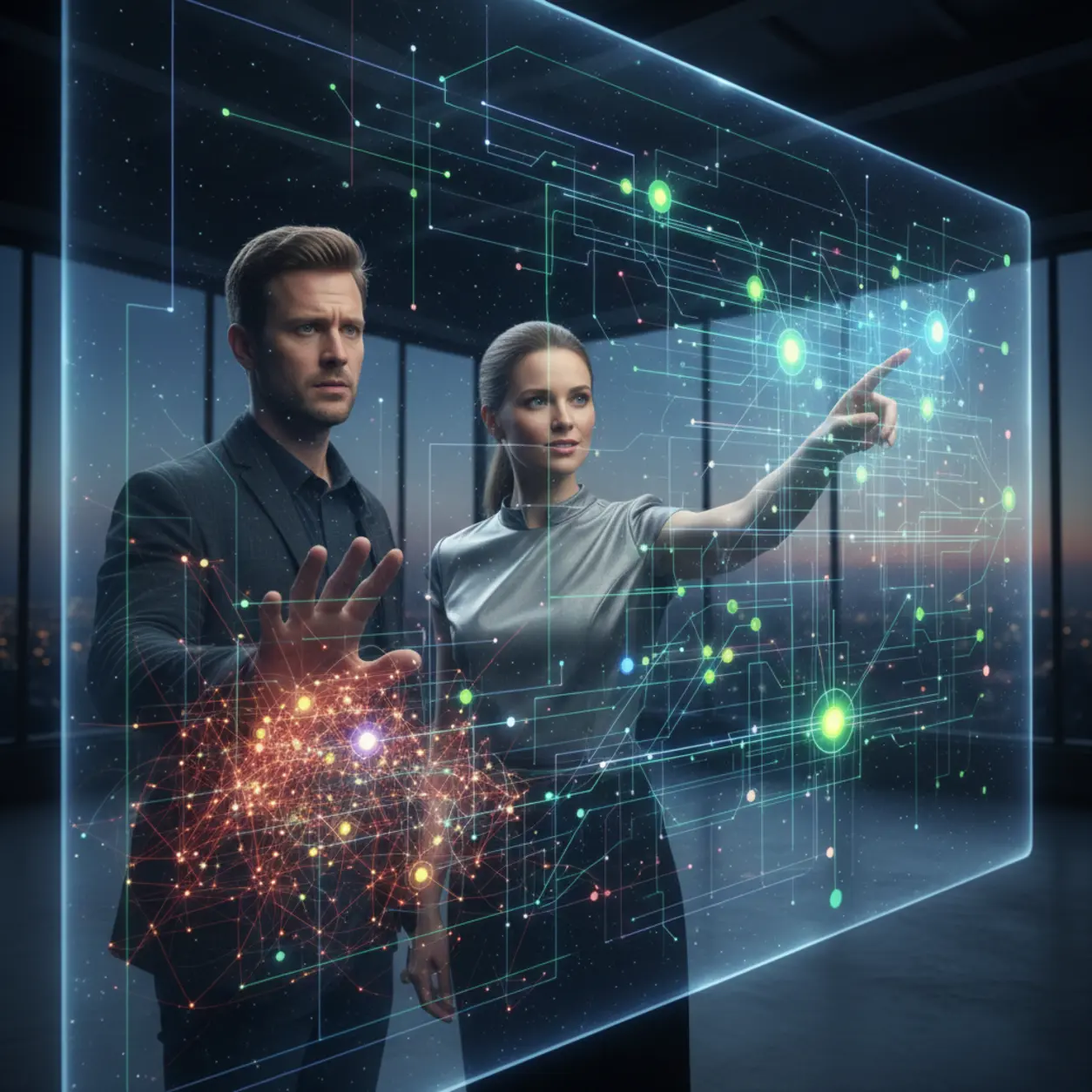 Two people analyzing an AI network.
