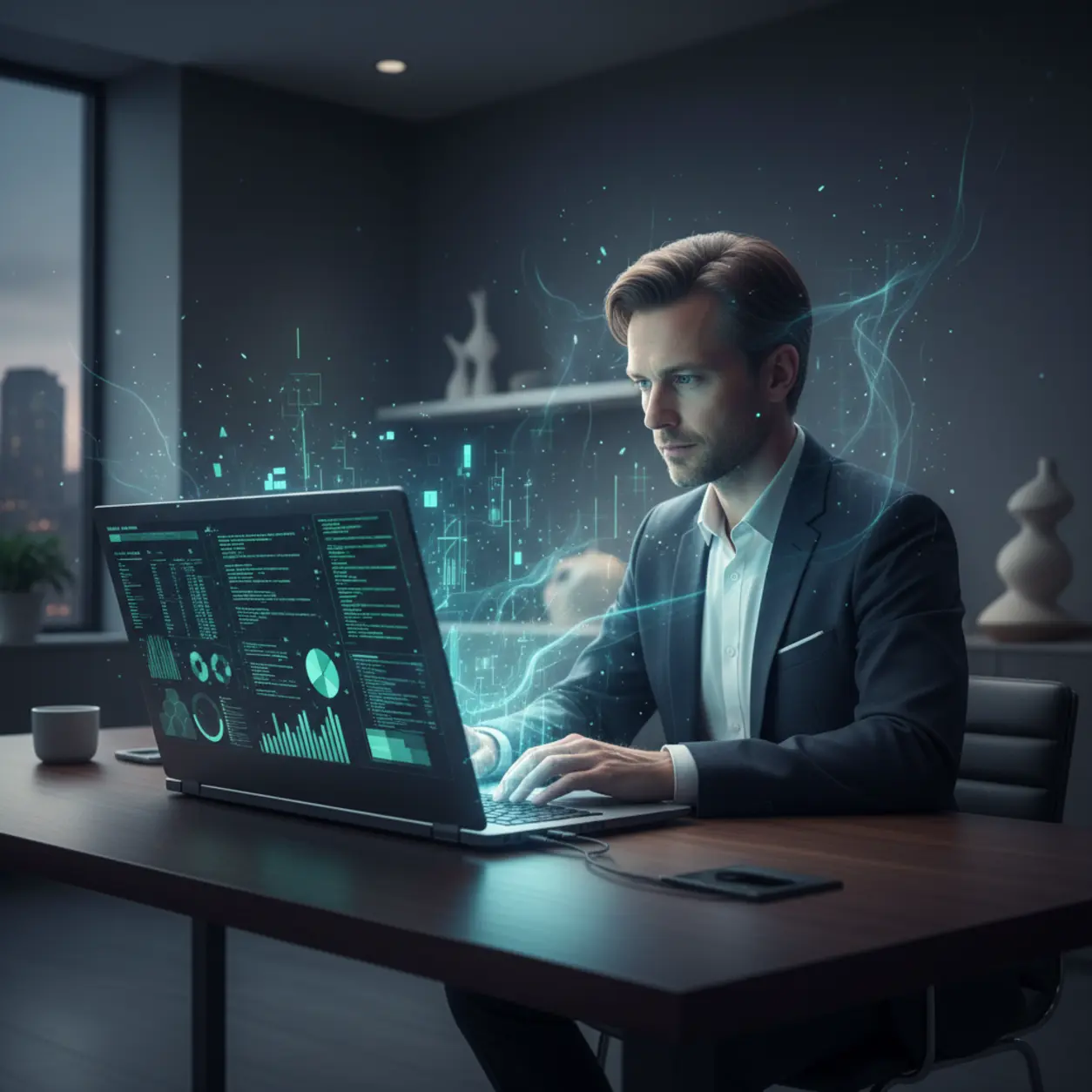 AI programmer illuminated by a screen in a minimalist setting.