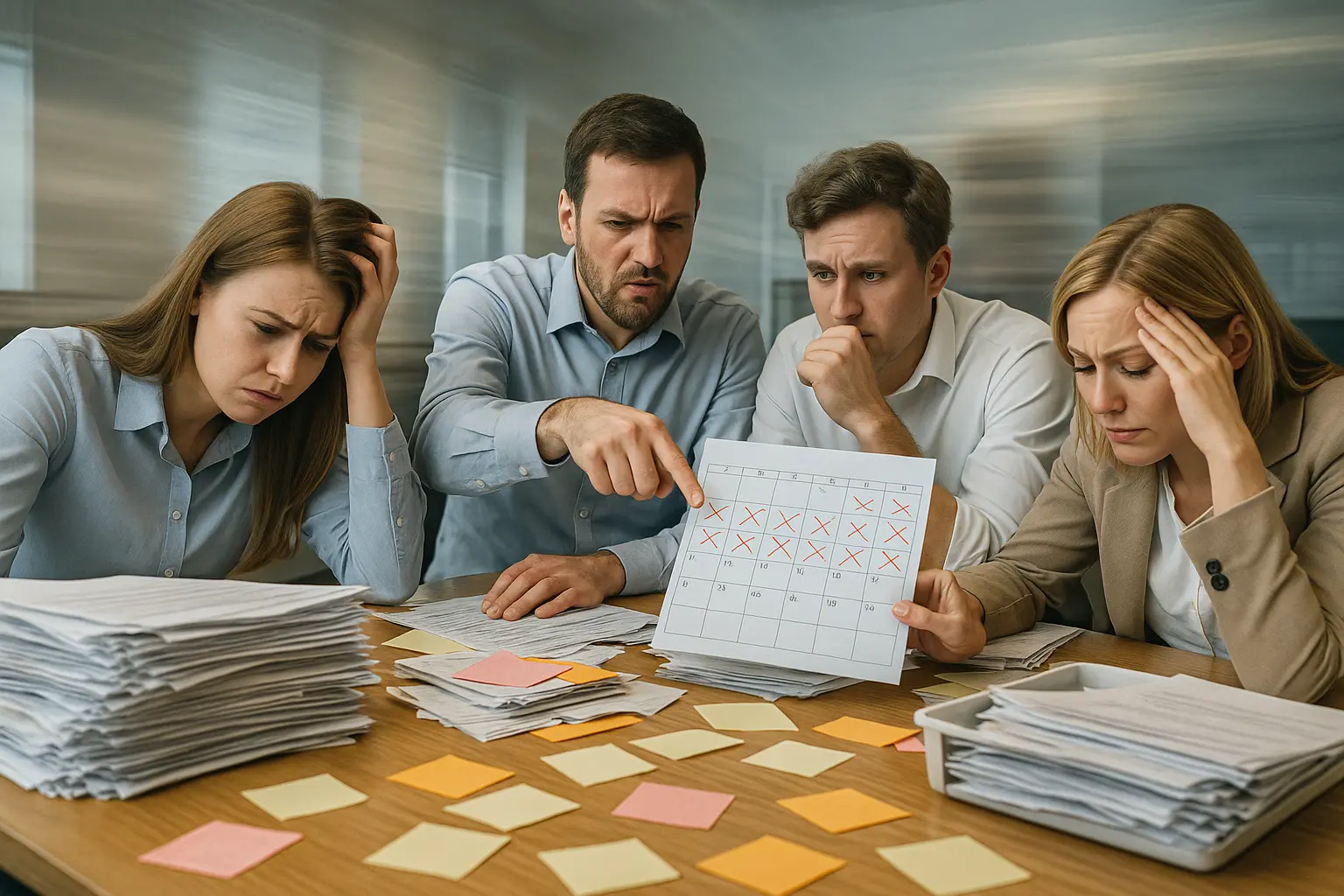 A marketing team looks frustrated while gathered around a computer, indicating a blocked workflow.