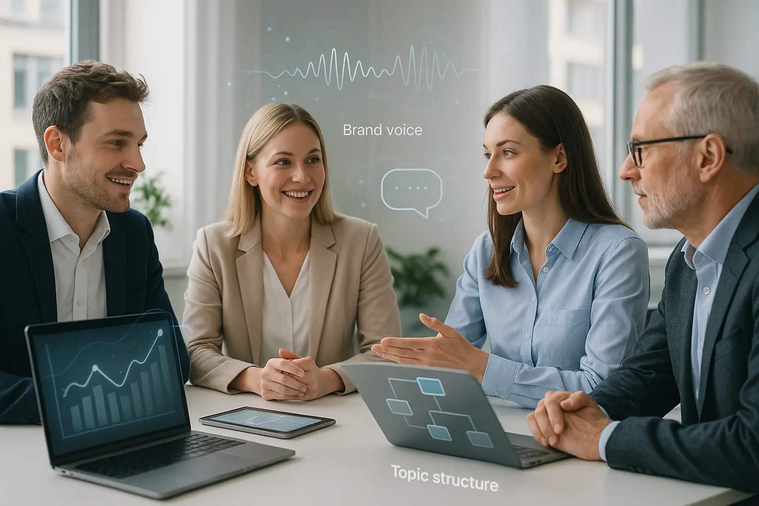 A team works on strategic data using AI.