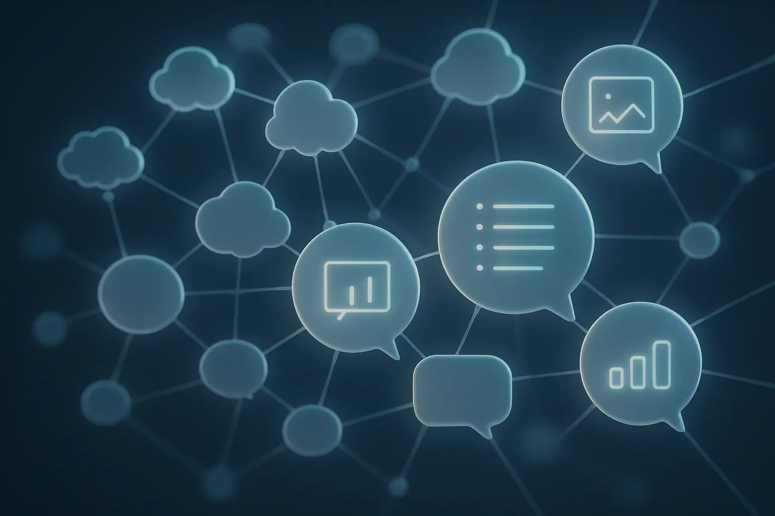 A network of digital nodes and thought bubbles.