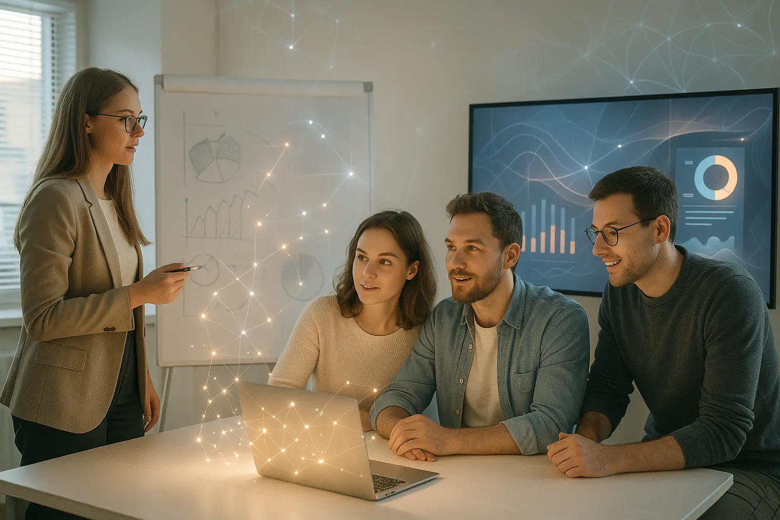 Diverse marketing team in a modern office, illustrating collaboration and technology.
