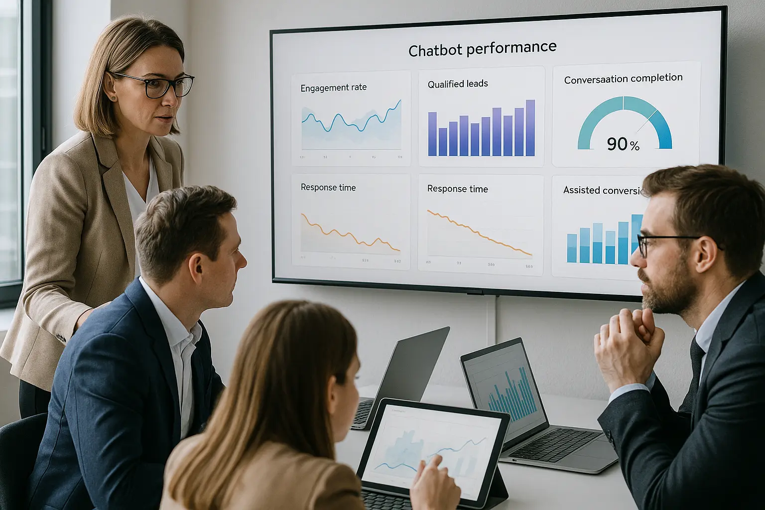 A team of professionals analyzes chatbot data.