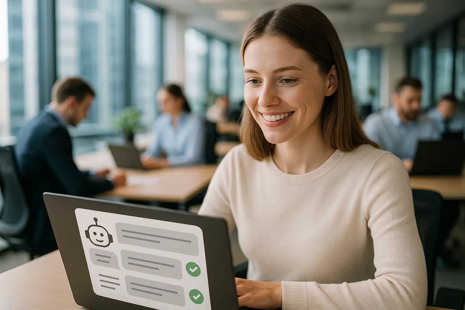 A woman working on a laptop in a modern office.