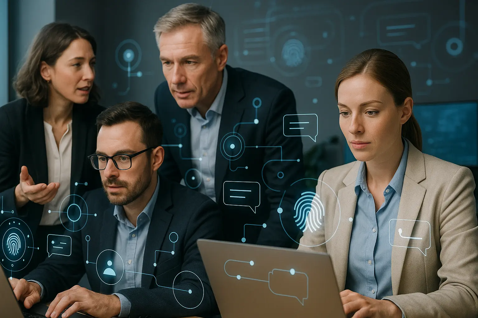 Business professionals working in an office, with an overlay representing fast AI service.