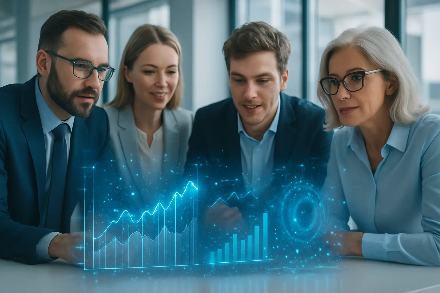 Professionals in a bright office analyzing holographic marketing data.