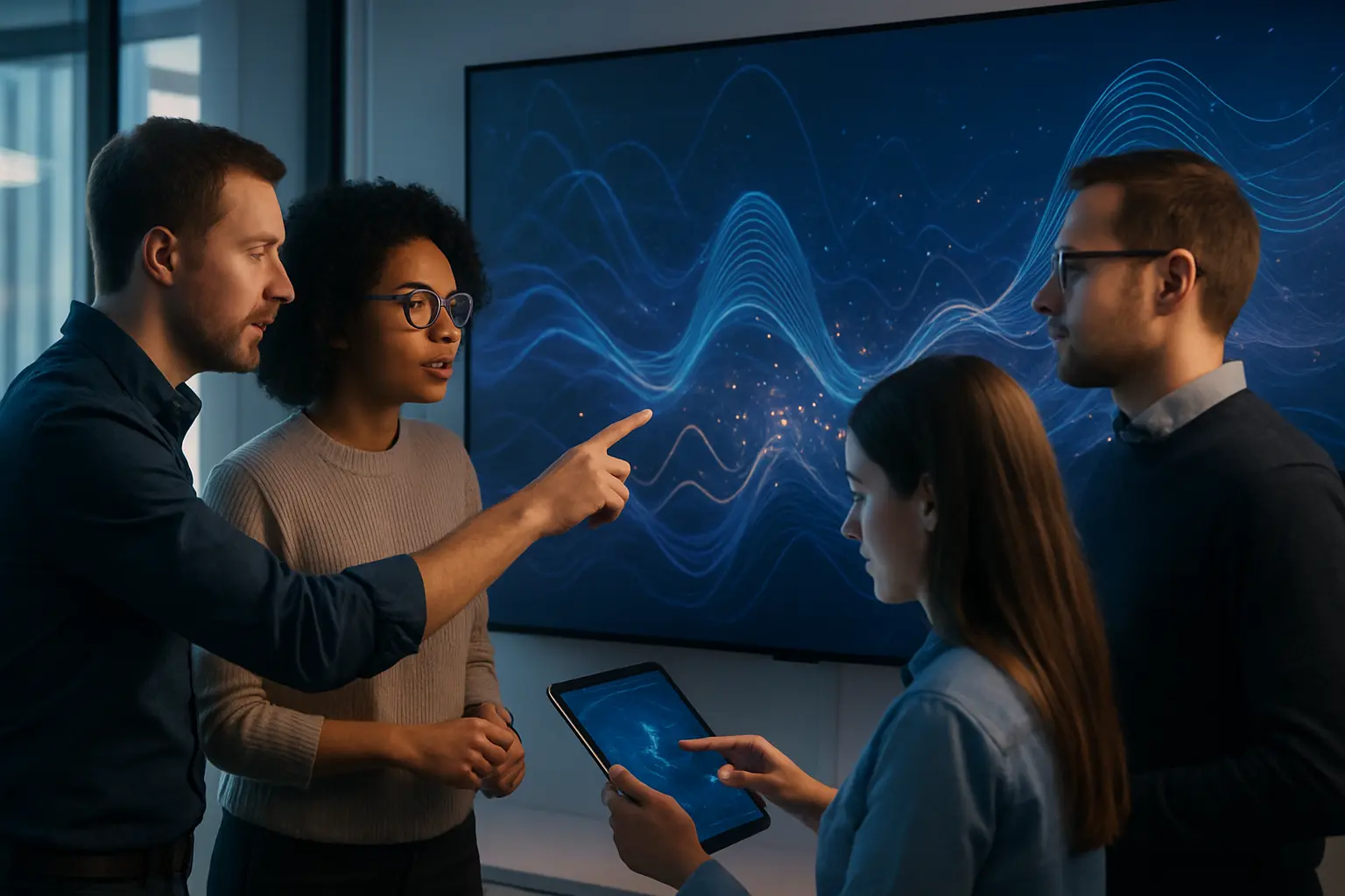 Marketing team analyzing AI data on a screen.