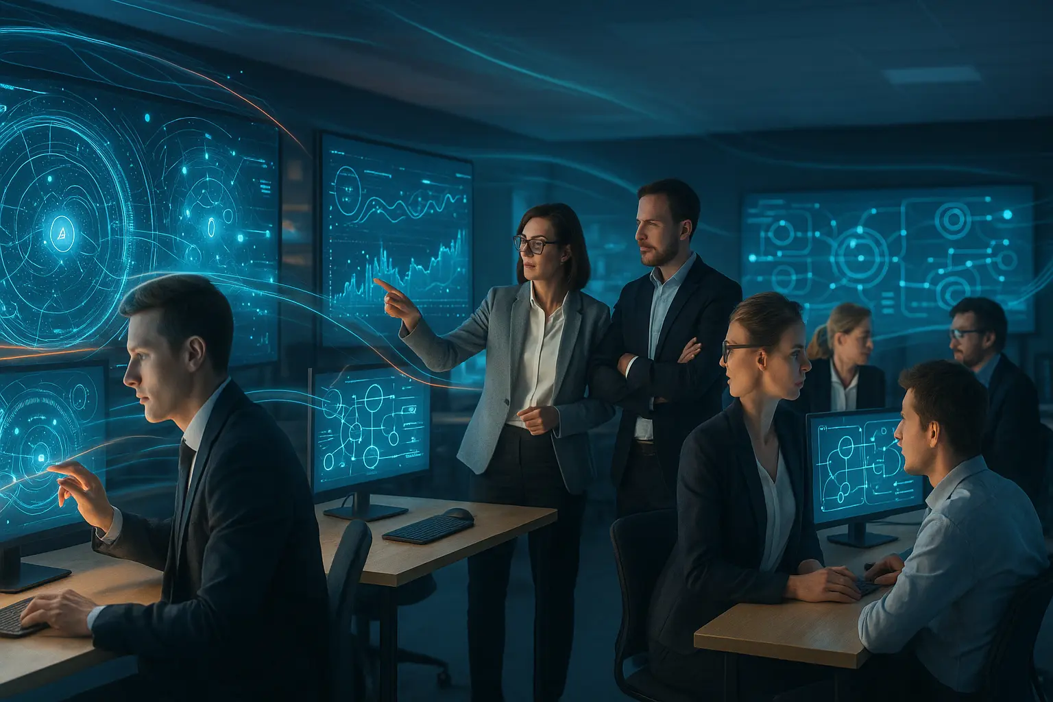A modern control room of a marketing agency with AI visualizations.