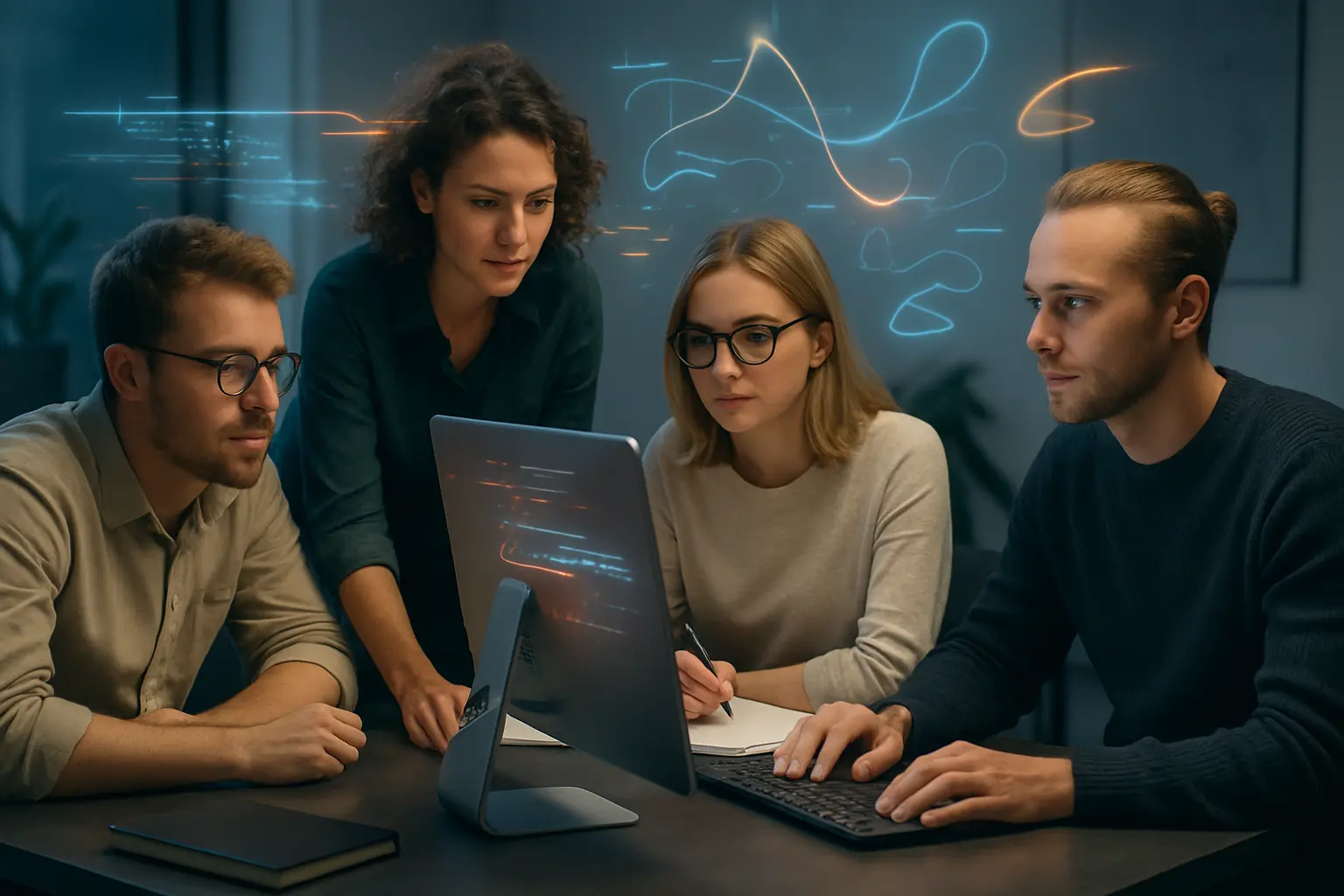 Creative collaboration around an AI workstation, enhancing teamwork and innovation.